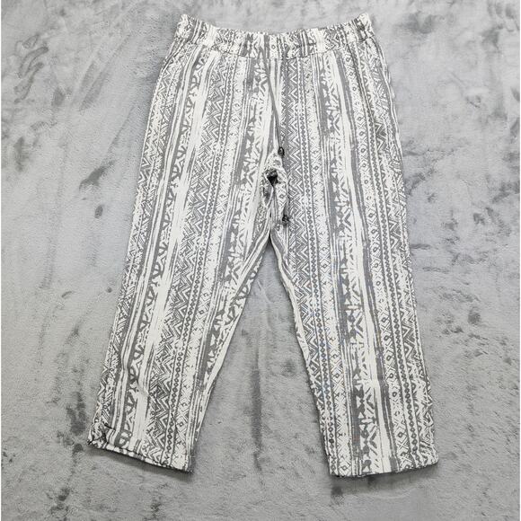 Style Me Pants Womens PL PETITE White Gray Striped Geometric Linen Blend Crop - Picture 1 of 10